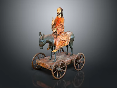 Traditional Wooden Cart Sculpture With Donkey Riding Figure And Wheels 3d model