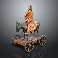 Traditional Wooden Cart Sculpture With Donkey Riding Figure And Wheels