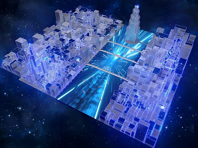 Futuristic Urban Building Complex With Illuminated Skyscrapers And Blue Light Paths 3d model