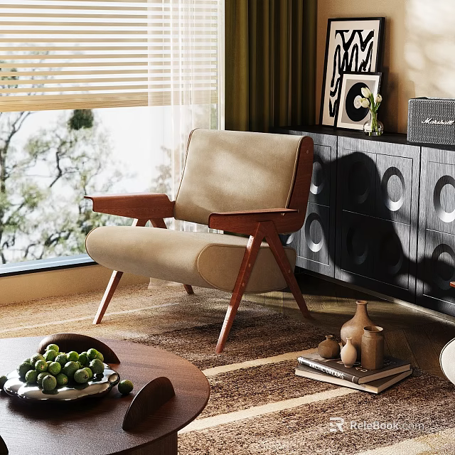 Beige Armchair With Wooden Arms And Legs In Living Room By Window With Trees Outside 3d model 