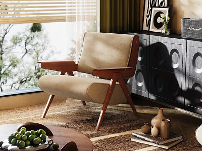 Beige Armchair With Wooden Arms And Legs In Living Room By Window With Trees Outside 3d model