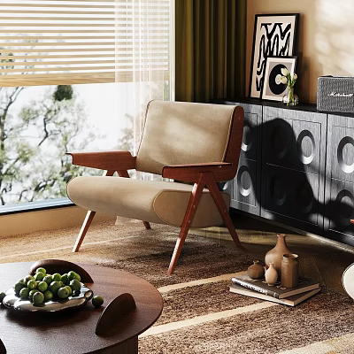 Beige Armchair With Wooden Arms And Legs In Living Room By Window With Trees Outside 3d model