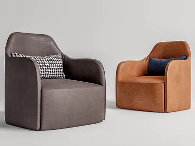 Modern Single Sofa In Gray And Brown With Black White Checkered And Navy Blue Pillows 3d model