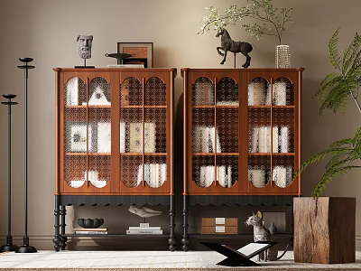 Wooden Bookcases with Glass Doors Showcasing Books and Decor in Cozy Room with Greenery 3d model