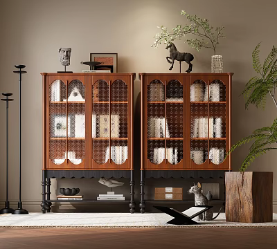 Wooden Bookcases with Glass Doors Showcasing Books and Decor in Cozy Room with Greenery 3d model