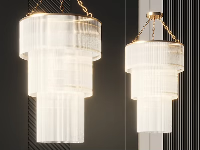 Modern Layered Ribbed Chandeliers Hanging On Gold Chains Against Dark Wall 3d model