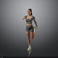 A Woman Stretching In Gray Sportswear Lifting Leg Against Gray Background And White Green Sneakers