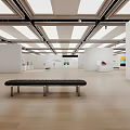 Cultural Art Gallery Interior With Hanging Paintings Wooden Flooring Benches And Ceiling Lights