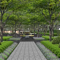 Residential Landscape With Stone Pathway Lined By Lush Greenery Purple Flowers And Canopy Of Trees