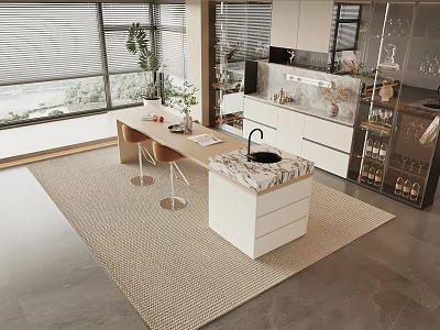 Modern Kitchen Interior With Marble Top Bar Counter White Cabinets And Plants 3d model