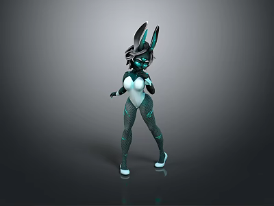 3D Fantasy Rabbit Creature Character With Green Black Tight Suit And Glowing Accents 3d model