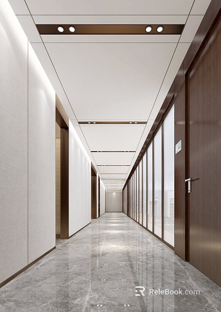 Modern Office Hallway Interior With Light Walls Wooden Doors Glass Partitions And Ceiling Lights 3d model 