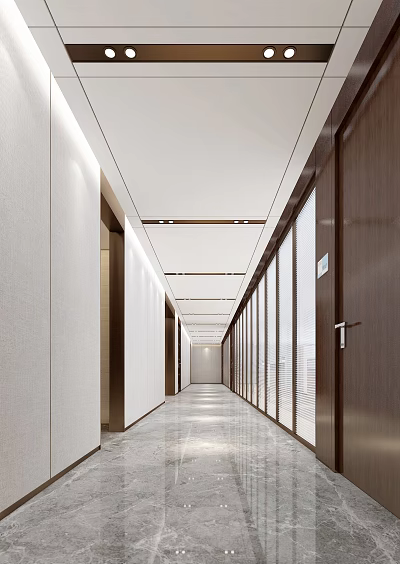 Modern Office Hallway Interior With Light Walls Wooden Doors Glass Partitions And Ceiling Lights 3d model