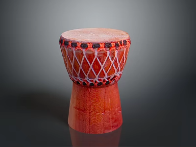 Handcrafted Red Wooden Drum With Mesh Rope And Natural Wood Base Traditional Design 3d model