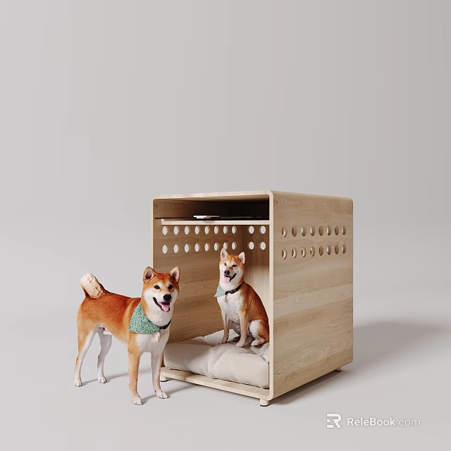 Wooden Dog House With Circular Holes And Soft Cushion For Shiba Inu Dogs 3d model 