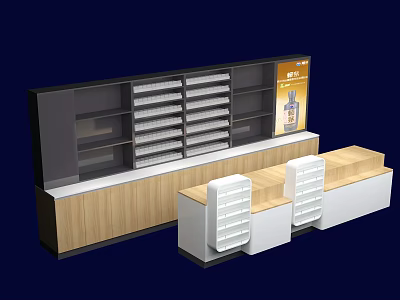 Modern Retail Reception Desk With Wooden Counter White Cabinets And Display Shelves 3d model