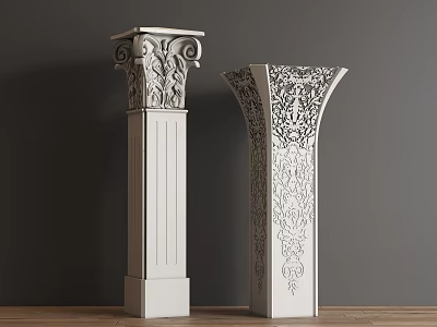 Ornate Classical Columns With Intricate Carvings Against Dark Wall And Wooden Floor 3d model