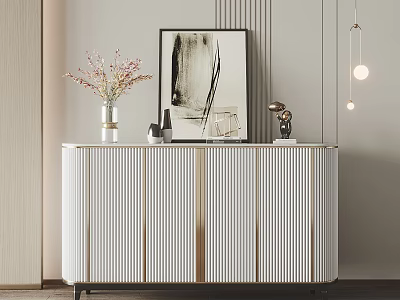 Modern White Vertical Ribbed Entryway Console Cabinet With Decorative Vase Artwork And Hanging Lights 3d model