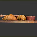 Fresh Croissants With Honey From Bees And Colorful Sauces On Wooden Tray