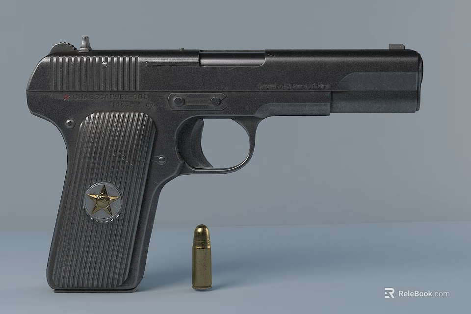 Vintage Black Pistol With Engraved Star Emblem And Single Bullet 3d model 