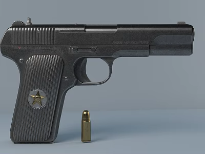 Vintage Black Pistol With Engraved Star Emblem And Single Bullet 3d model