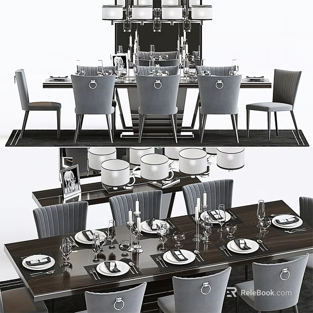 Elegant Wooden Dining Table With Gray Upholstered Chairs And Dinnerware Setting 3d model