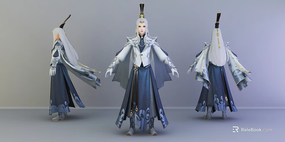 Traditional Fantasy Character With White Long Hair Blue White Robe Ornate Hat And Decorative Patterns 3d model 