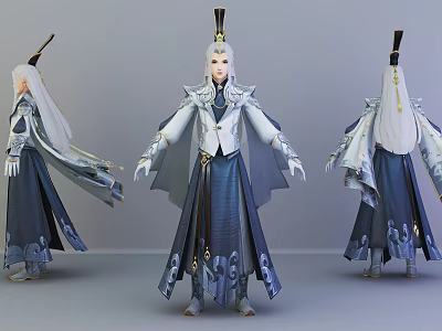Traditional Fantasy Character With White Long Hair Blue White Robe Ornate Hat And Decorative Patterns 3d model