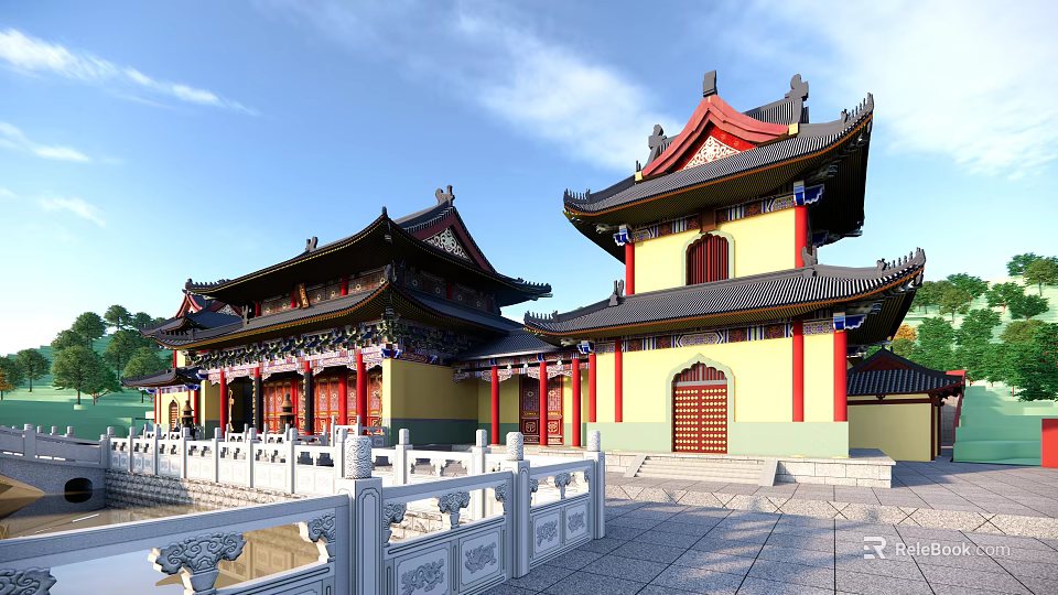 Traditional Chinese Ancient Architecture Courtyard With Curved Eaves Yellow Walls Red Pillars And Tiled Roofs 3d model 