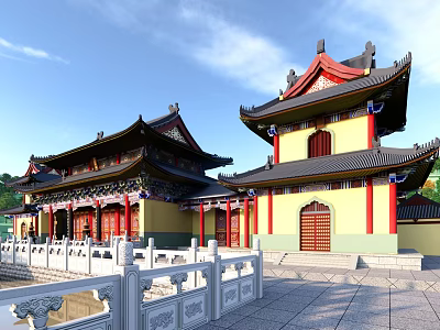 Traditional Chinese Ancient Architecture Courtyard With Curved Eaves Yellow Walls Red Pillars And Tiled Roofs 3d model
