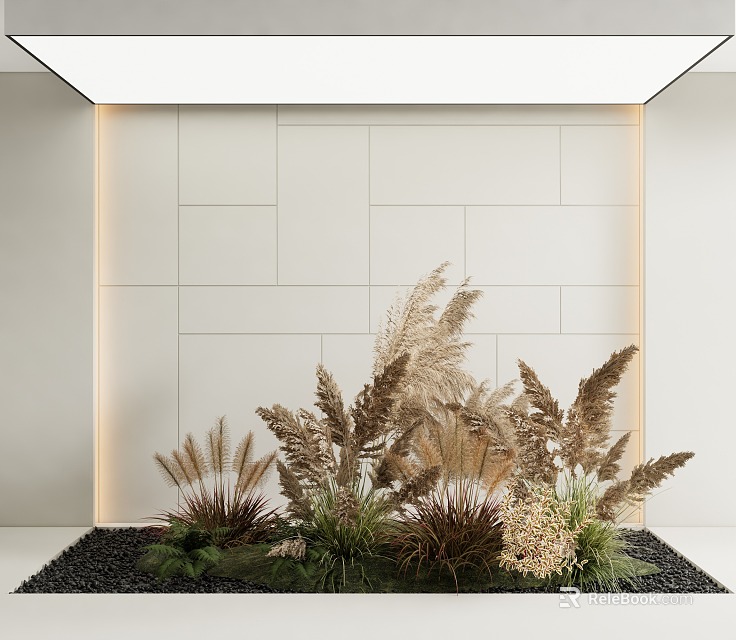 Stylish Indoor Garden Decor With Light Colored Tiled Wall Dried Grass And Black Gravel 3d model 