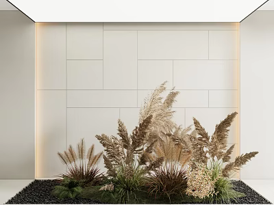 Stylish Indoor Garden Decor With Light Colored Tiled Wall Dried Grass And Black Gravel 3d model