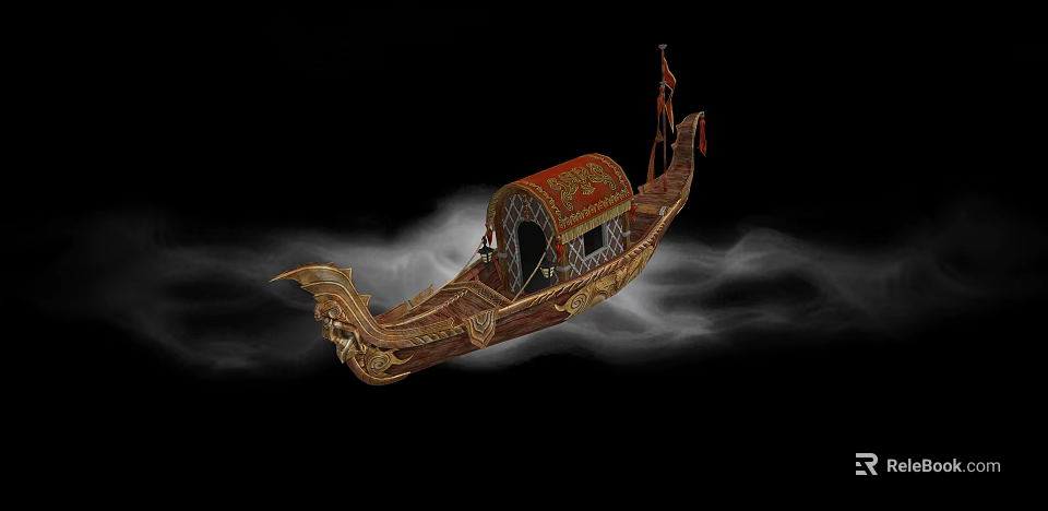 Ornate Wooden Boat With Red Canopy Golden Carvings And Misty Smoke 3d model 