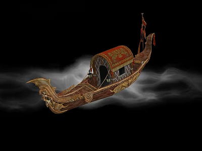 Ornate Wooden Boat With Red Canopy Golden Carvings And Misty Smoke 3d model