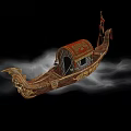 Ornate Wooden Boat With Red Canopy Golden Carvings And Misty Smoke