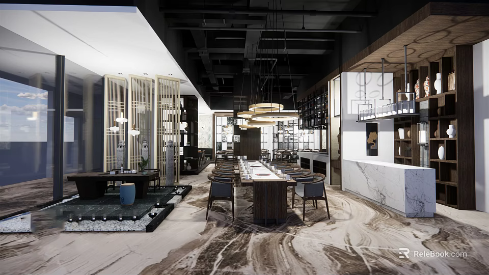 Modern Restaurant Interior With Long Dining Table Pendant Lights And Elegant Chairs 3d model