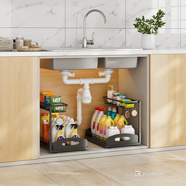 Bathroom Vanity Set With Double Sink Under Sink Storage Rack Cleaning Supplies And Wooden Cabinets 3d model 