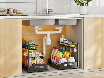 Bathroom Vanity Set With Double Sink Under Sink Storage Rack Cleaning Supplies And Wooden Cabinets 3d model