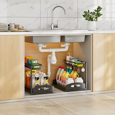 Bathroom Vanity Set With Double Sink Under Sink Storage Rack Cleaning Supplies And Wooden Cabinets 3d model