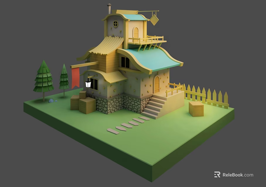 Cartoon Style House Scene With Green Lawn Pine Trees Stone Steps And White Picket Fence 3d model 