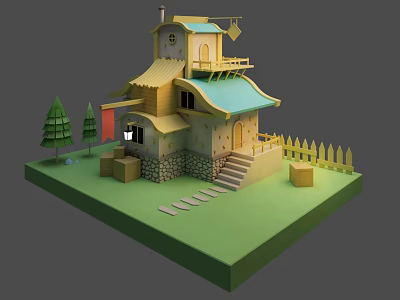 Cartoon Style House Scene With Green Lawn Pine Trees Stone Steps And White Picket Fence 3d model
