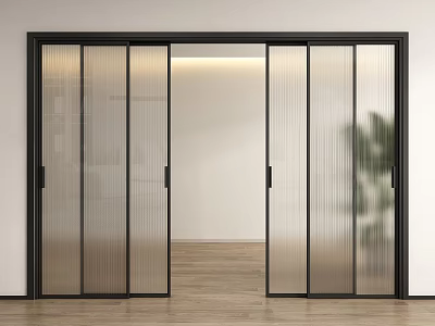 Modern Black Frame Sliding Doors with Ribbed Glass in Minimalist Interior and Wooden Floor 3d model