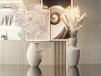 Modern Interior Decor With Ceramic Vases And Dried Pampas Grass 3d model