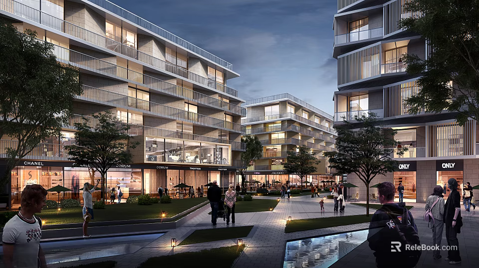 Modern Multi Story Apartment Buildings With Balconies Green Courtyard And Pedestrians 3d model 