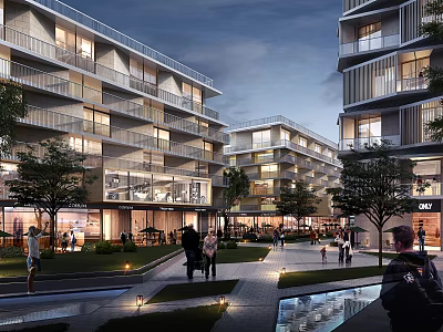 Modern Multi Story Apartment Buildings With Balconies Green Courtyard And Pedestrians 3d model