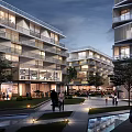 Modern Multi Story Apartment Buildings With Balconies Green Courtyard And Pedestrians