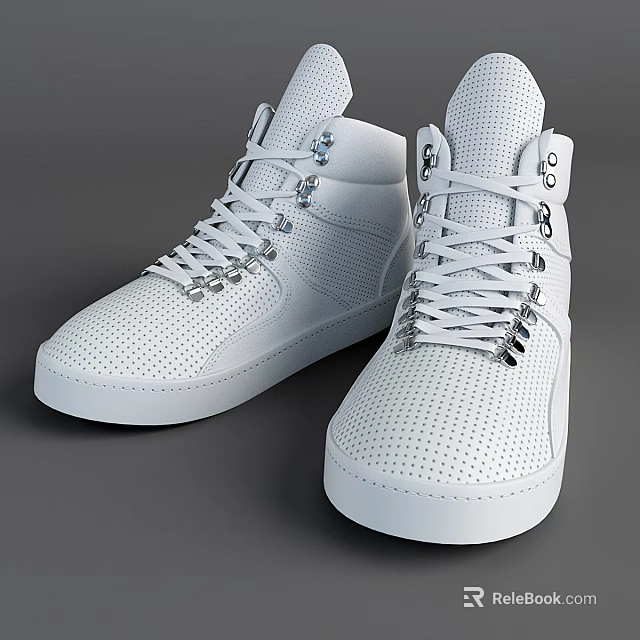 Sleek White High Top Shoes With Perforated Design And Metallic Accent Laces 3d model 