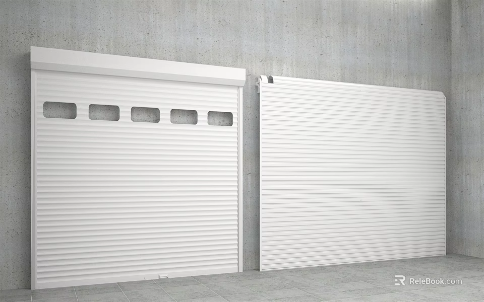 White Roller Doors With Windows And Smooth Panel On Concrete Wall Background 3d model