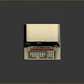 Vintage Computer With White Body Teal Screen Red White Keys And Yellow Sticky Notes