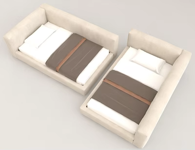 Pair of Single Beds with Beige Frame White Mattress and Brown Stripes Design 3d model